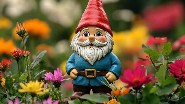 Charming garden gnome amidst vibrant flowers
