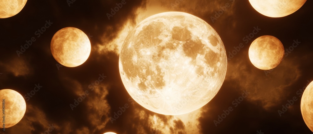 Poster ethereal celestial orbs amidst swirling clouds creating a serene and mystical atmosphere with a warm