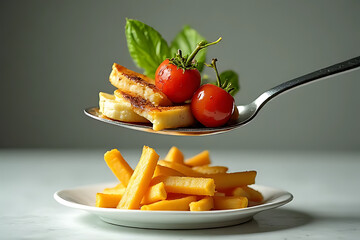 Delicious spoonful of gourmet ingredients kitchen food photography minimalist top view culinary art