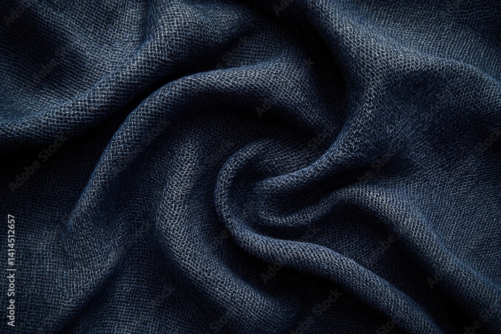 Poster dark blue fabric with a textured surface, draped in soft folds creating a dramatic visual effect.
