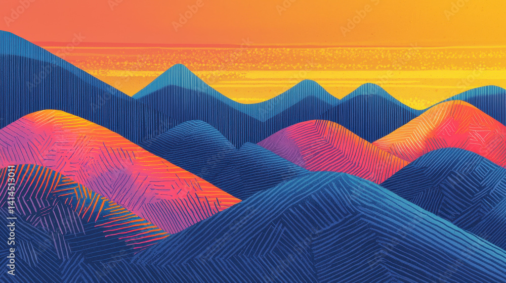 Poster vibrant abstract landscape illustration of rolling hills and mountains in bright colors with texture