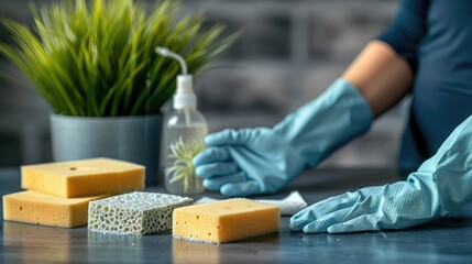 Cleaning supplies including sponges, a spray bottle, and gloves on a countertop.