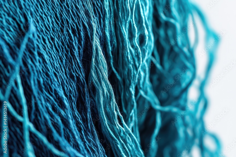 Poster close-up of teal-colored textured yarn, showcasing intricate fibers and weaving patterns.