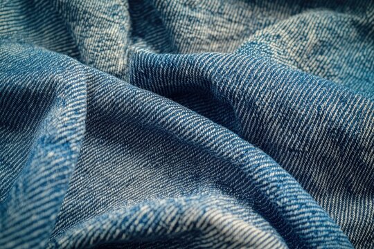 Close-up of textured denim fabric, showing intricate weave and folds.