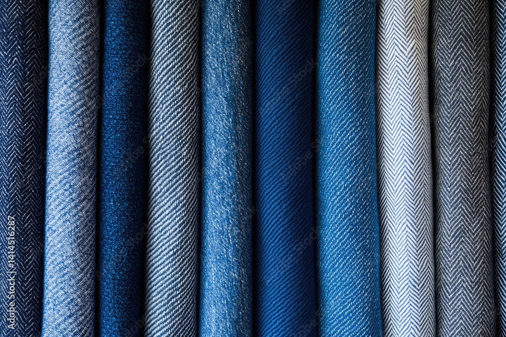 Poster close-up of various rolled-up blue fabrics with different textures and patterns.