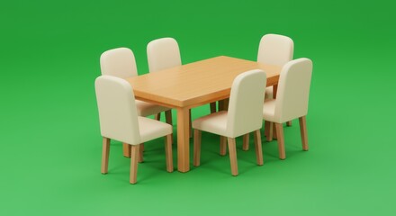 Rendering of light wood dining table with six chairs on green background for interior design showcasing furniture