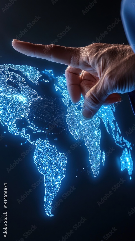 Aufkleber global network connection: a hand interacting with a digital world map