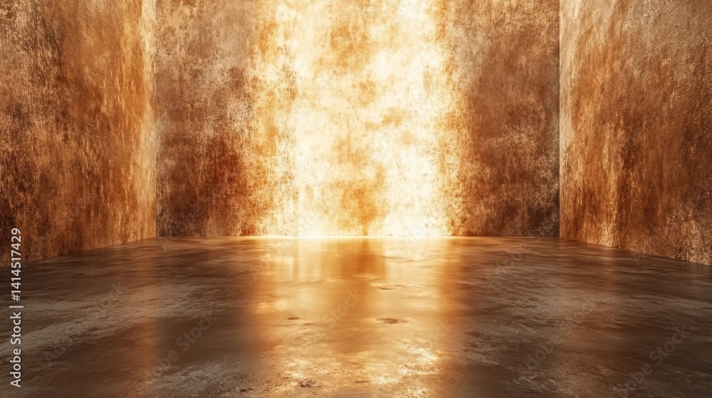 Poster abstract golden studio with grunge walls and reflective floor creating a dramatic and atmospheric sp