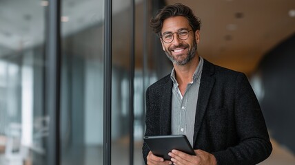 Fototapeta premium An handsome Indian businessman stands in a classy office, holding a tablet and exuding confidence.