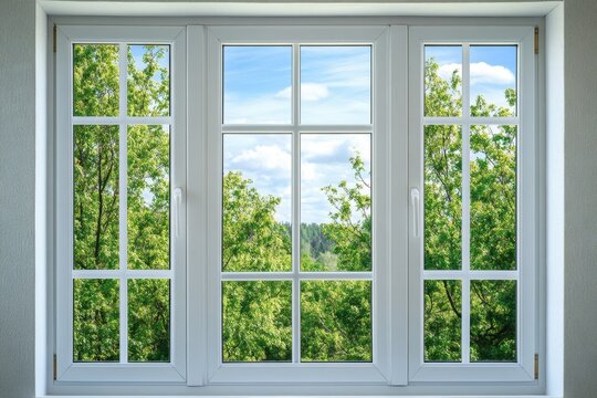 Fototapeta Serene view of lush green trees and blue sky through a pristine white window frame bringing nature indoors capturing the essence of spring in a bright home