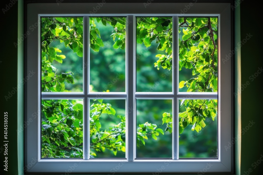 Poster serene view through window of lush green leaves creating a peaceful and refreshing atmosphere in a t
