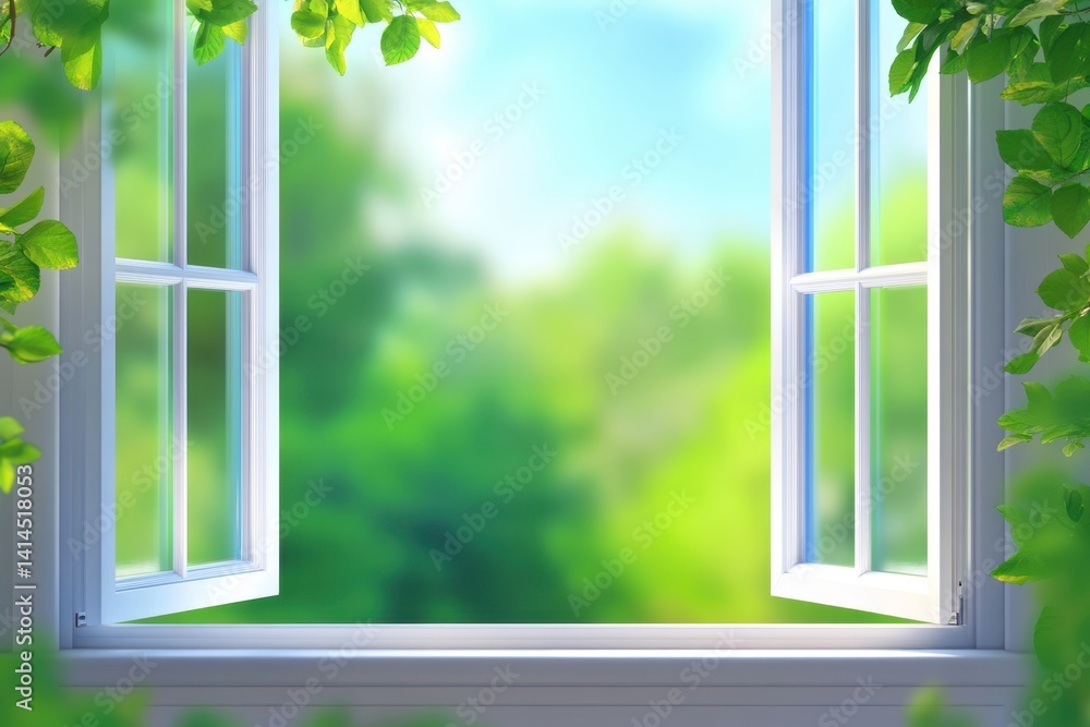Poster open window revealing a vibrant green landscape with lush foliage and bright blue sky creating a ser