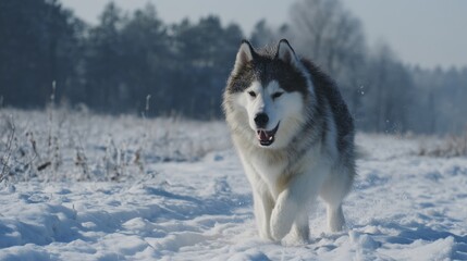 Naklejka premium Energetic husky running across snowy field, winter athleticism - muscles wilderness speed