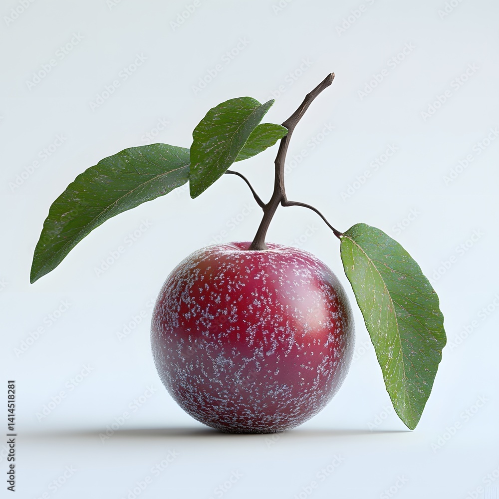 Poster close-up of a single, ripe ziziphus with green leaves on a white background. the image is simple, cl