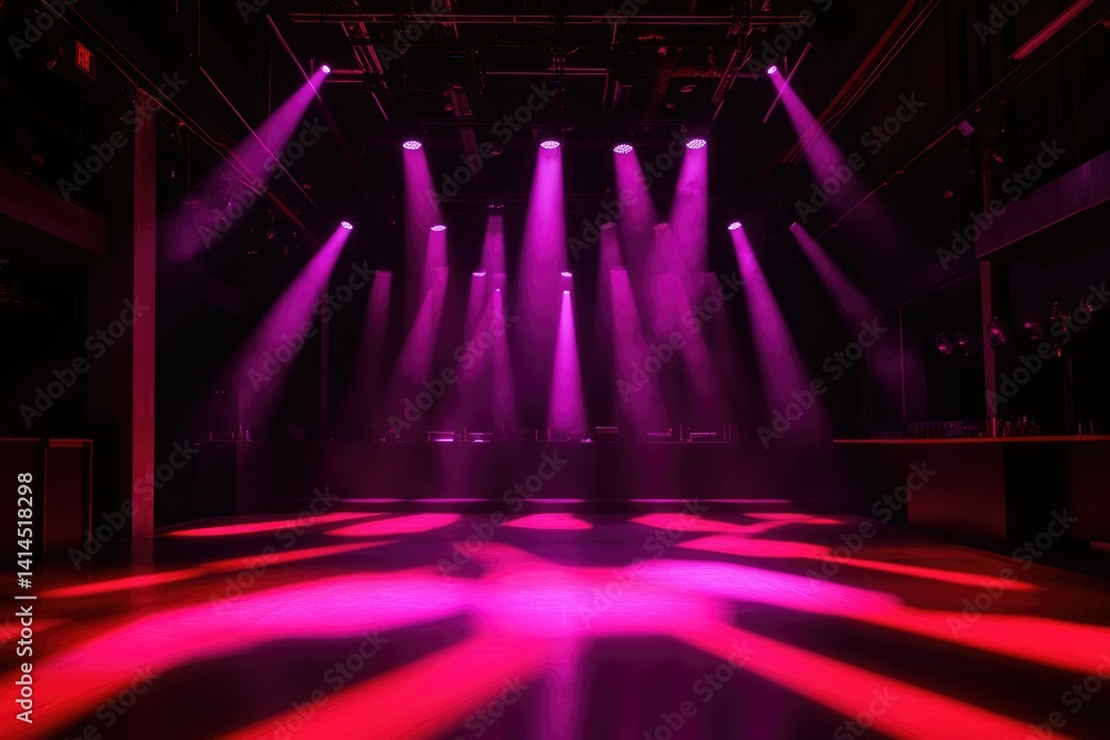 Poster empty stage illuminated by vibrant pink spotlights, creating a dramatic and atmospheric setting for 