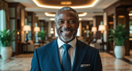 middle age black African man in elegant luxury hotel lobby portrait smiling happy landscape background ad concept with copy space