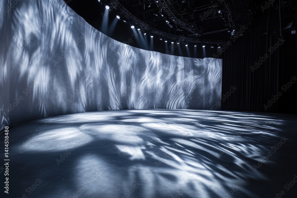 Poster empty stage with curved screen, dramatic lighting and shadows cast on the floor, creating an atmosph