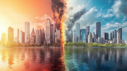 Fototapeta premium Two cities are shown, one with a fire and the other with a calm water