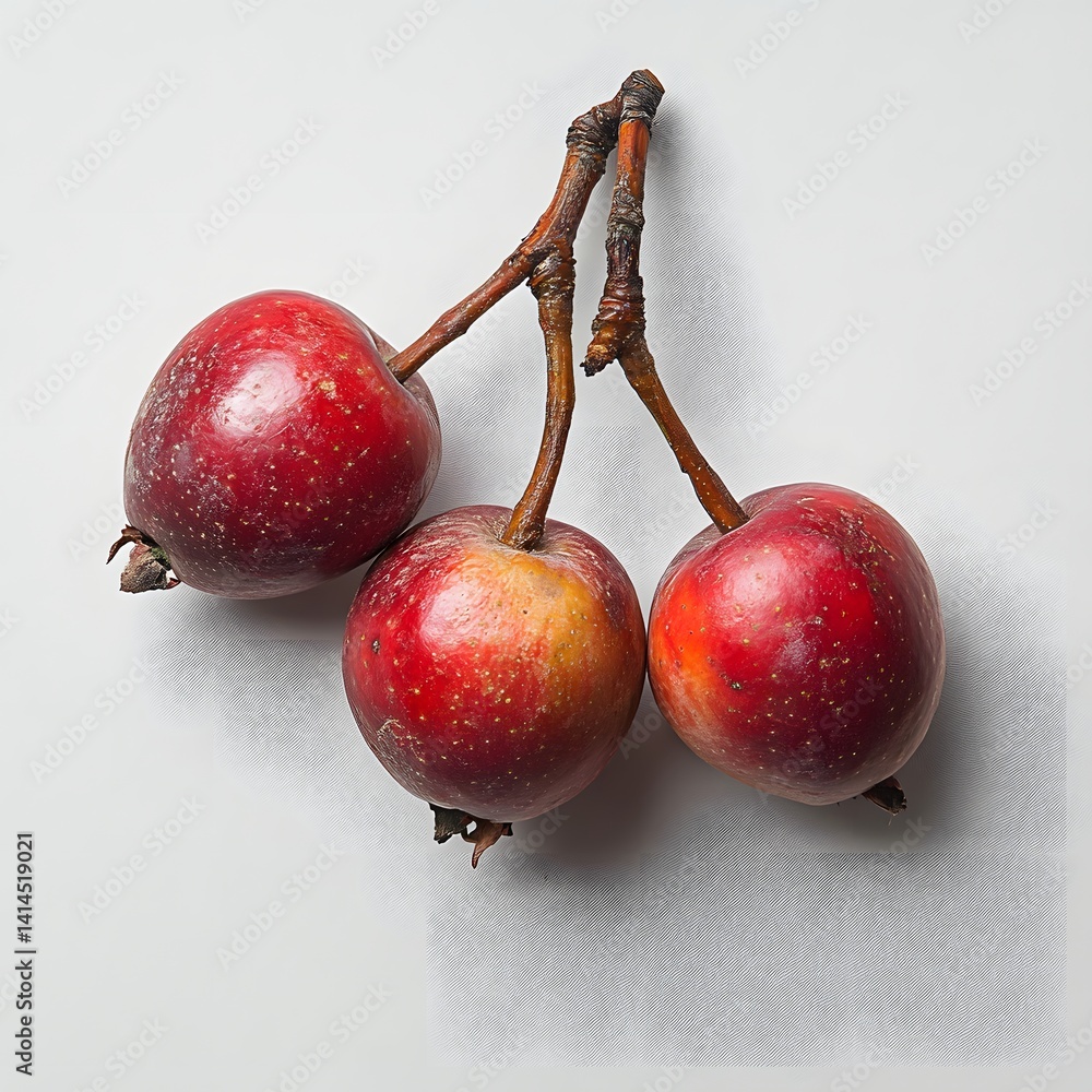 Poster three ripe red apples on a branch against a white background. three red apples on a branch, still li