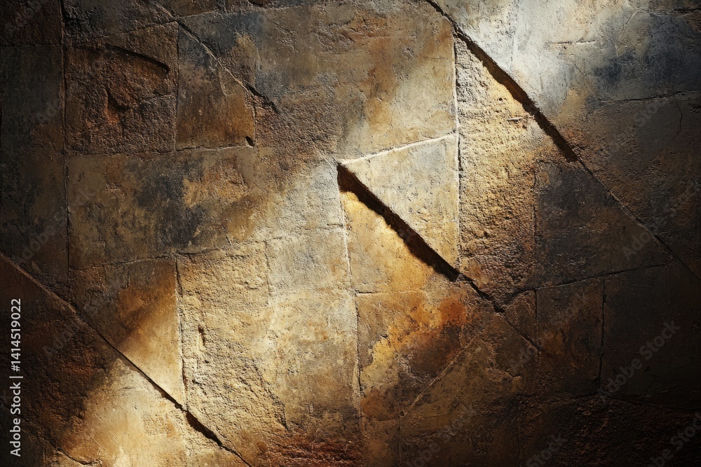 Aufkleber a textured wall with geometric patterns, illuminated by a dramatic light source, creating depth and 
