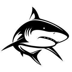Black and white minimalistic tattoo style image of a menacing great white shark