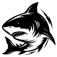 Black and white graphic illustration of a predatory shark with sharp teeth