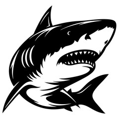 Bold black and white illustration of a dangerous great white shark