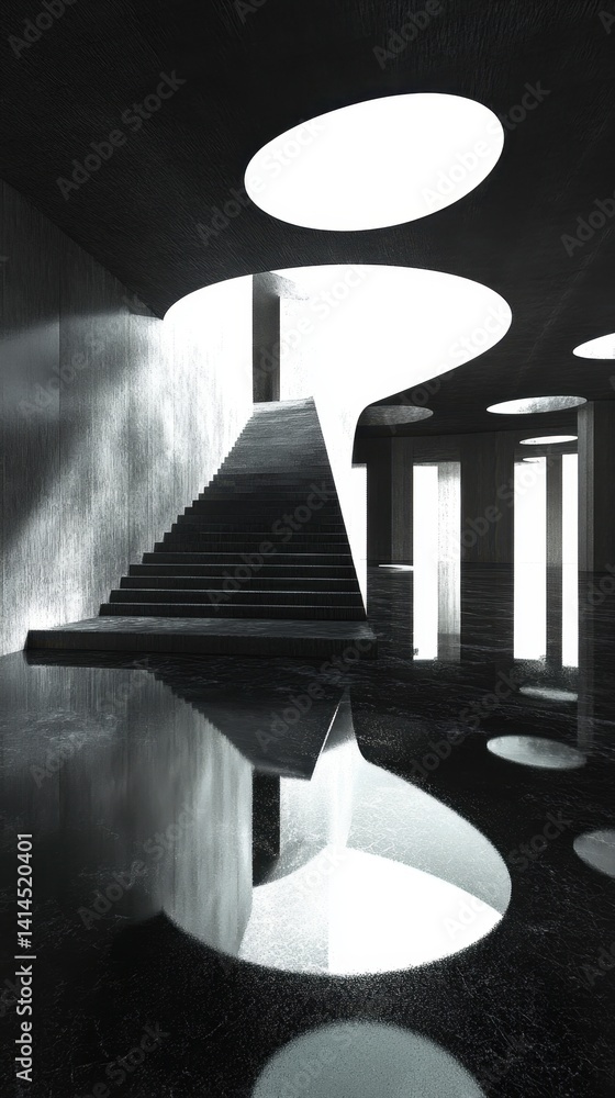 Poster dramatic staircase ascent in modern architecture with circular skylights and reflective floor surfac