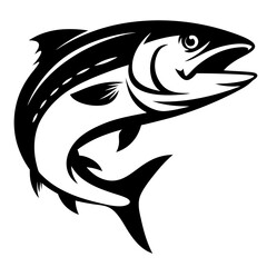 Striking black and white vector illustration of a salmon leaping upwards majestically