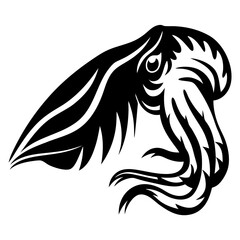 Stylized black and white illustration of a cuttlefish facing the left direction