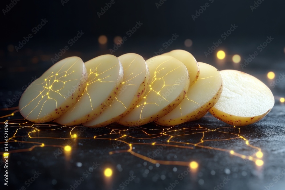 Aufkleber unique presentation of sliced potatoes with glowing patterns on a dark surface