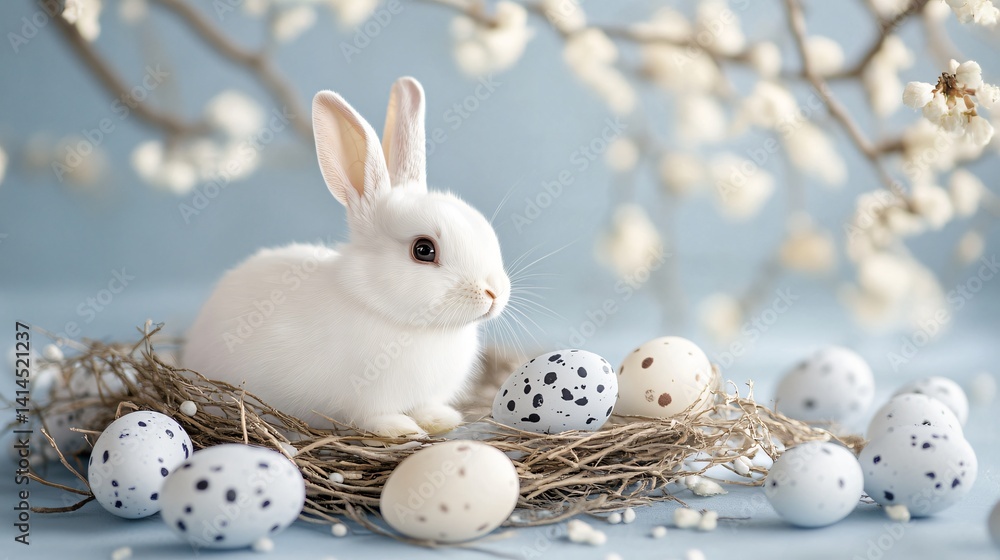 Poster cute easter bunny on an elegant white podium with eggs arranged in a nest on a soft blue backdrop ma