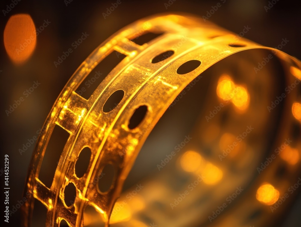 Poster golden metallic strip with geometric pattern and holes illuminated by warm light creating a luxuriou