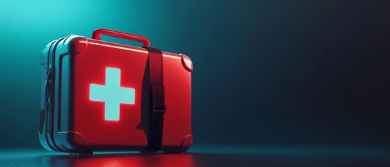 Emergency Kit Essentials: A vibrant image of a first aid kit, ready for urgent medical needs. Illuminated with an iconic red cross symbol, the kit embodies healthcare and assistance.
