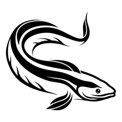 Stylized black and white graphic illustration of an eel swimming in water