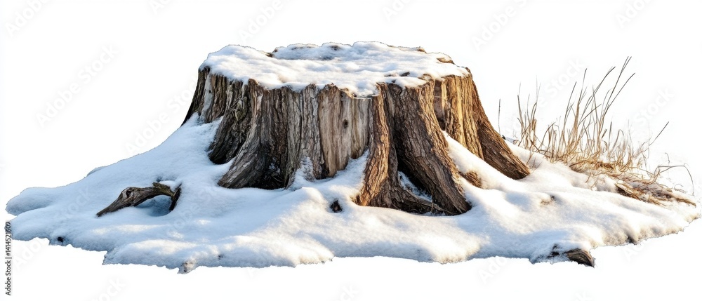 Aufkleber winter scene of a tree stump covered in snow with grass and a wooden branch in a serene setting