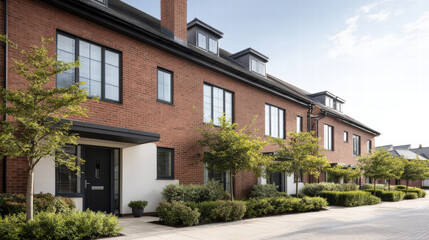 Modern terraced homes with brick facade and front gardens on sunny residential street