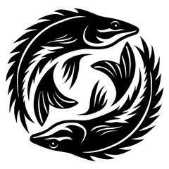 Black and White Circular Design of Two Stylized Fishes in Motion