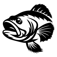 Black and White Illustration of a Largemouth Bass Fish with Open Mouth