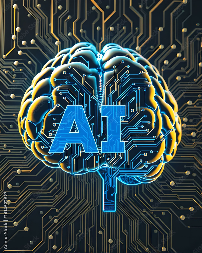 Poster artificial intelligence (ai) concept with human brain on circuit board. 3d rendering