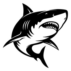 A striking black and white illustration of a Great White Shark rising up