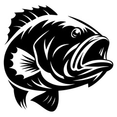 Stylized Black and White Illustration of a Largemouth Bass with Open Mouth
