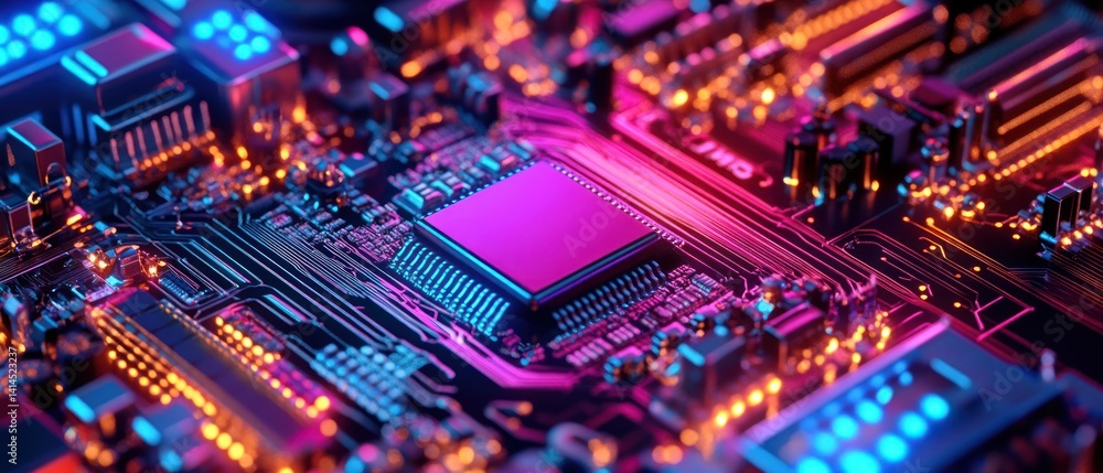 Poster neon circuit board: close-up of a microchip's intricate design