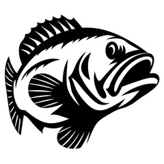Stylized Black and White Illustration of a Largemouth Bass Fish with Open Mouth
