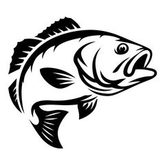 Stylized black and white graphic illustration of a bass fish in motion
