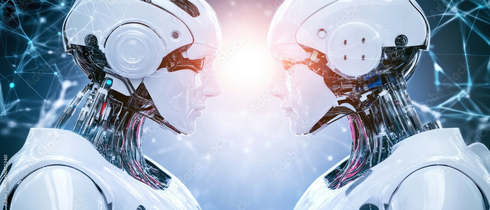 Poster artificial intelligence: two advanced humanoid robots face-to-face
