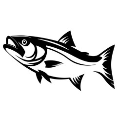 Bold black and white drawing of a leaping fish with open mouth