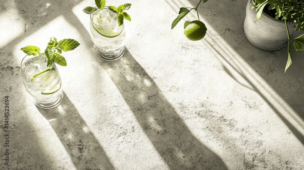 Poster refreshing lime infused water with mint leaves in glass on textured surface with natural light and s