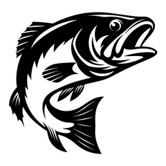 Black and white graphic illustration of a jumping largemouth bass fish