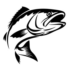 Dramatic Black and White Illustration of a Leaping Fish with Open Mouth